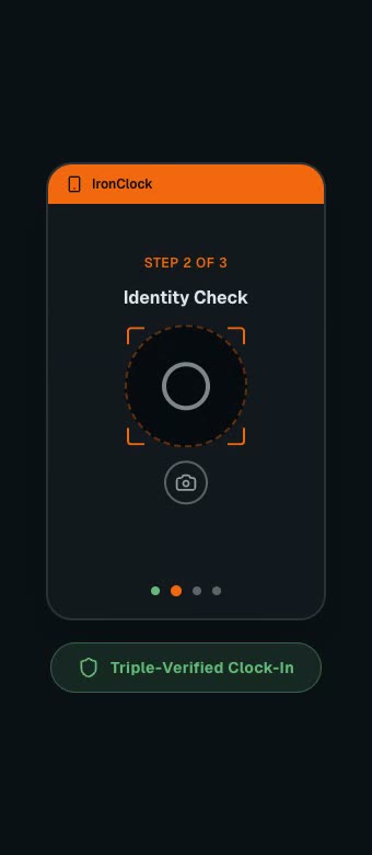 A crew member clocking in on the IronClock app — GPS, selfie, and Smart Tag verification