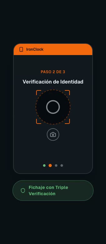 Un miembro de la cuadrilla fichando en la app de IronClock — verificación por GPS, selfie y Smart Tag